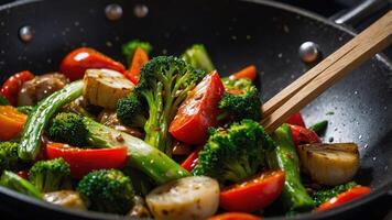 A colorful stir-fry of vegetables in a pan, showcasing fresh ingredients and cooking techniques. photo
