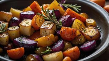 A colorful medley of roasted root vegetables garnished with herbs. photo