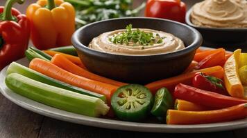 A platter of colorful vegetables served with a creamy dip, ideal for healthy snacking. photo