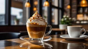 A beautifully presented coffee drink with whipped cream and caramel drizzle in a cozy caf setting. photo