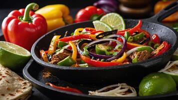 A vibrant skillet of sauted vegetables and meat, garnished with lime, ready for serving. photo
