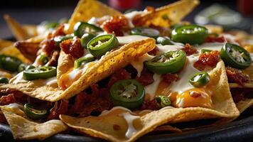 A close-up of nachos topped with jalapeos, cheese, and meat, served on a black platter. photo