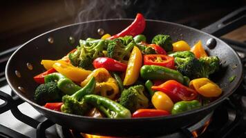 Colorful stir-fried vegetables in a pan, steaming and ready to serve. photo