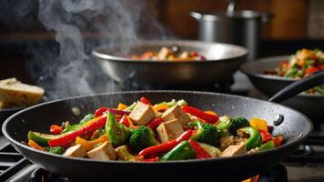A vibrant stir-fry with tofu and colorful vegetables on a stovetop. photo