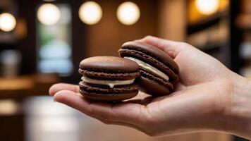 A hand holding two chocolate macarons with a blurred caf background. photo