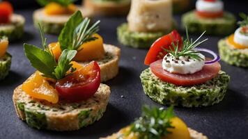 A colorful assortment of gourmet canaps garnished with herbs and vegetables. photo