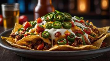 A plate of nachos topped with jalapeos, cheese, and salsa, perfect for sharing or snacking. photo
