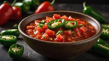 A bowl of fresh salsa with diced tomatoes and jalapeos, surrounded by peppers. photo