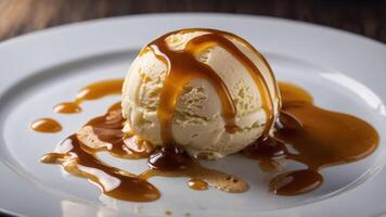 A scoop of vanilla ice cream drizzled with caramel sauce on a white plate. photo