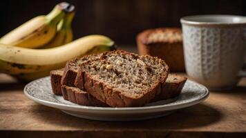 A plate of sliced banana bread with bananas and a cup of coffee in a cozy setting. photo