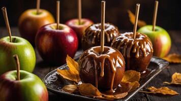 A platter of caramel apples surrounded by fresh apples and autumn leaves. photo