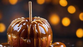 A close-up of a caramel apple drizzled with caramel, set against a blurred background. photo