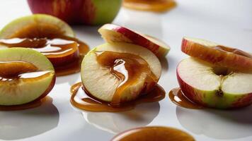 Sliced apples drizzled with caramel, showcasing a delicious dessert option. photo