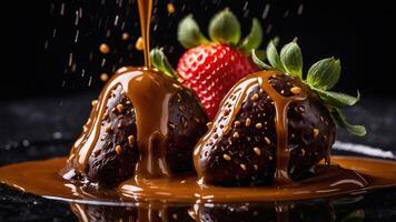 Two chocolate-covered strawberries drizzled with caramel on a dark background. photo
