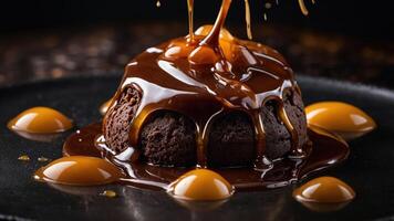 A decadent chocolate dessert drizzled with caramel sauce, served on a dark plate. photo