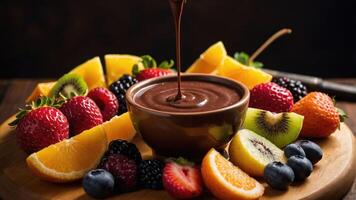 A platter of fresh fruits with a bowl of chocolate sauce for dipping. photo