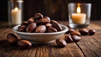 A bowl of chocolate-covered almonds on a rustic wooden table with candles in the background. photo