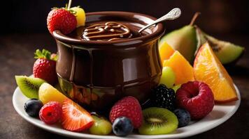 A rich chocolate fondue surrounded by an assortment of fresh fruits for dipping. photo