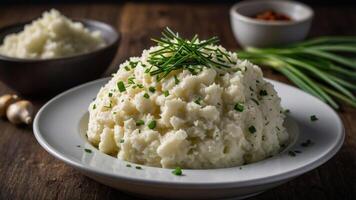 A serving of creamy mashed potatoes garnished with herbs, presented on a rustic table. photo