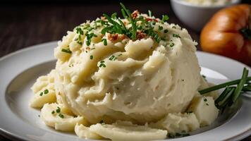 A serving of creamy mashed potatoes garnished with chives on a plate. photo