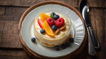 A dessert featuring creamy custard topped with fresh fruits and nuts, served in a glass dish. photo