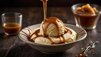 A bowl of vanilla ice cream drizzled with caramel sauce, served with caramel in glasses. photo