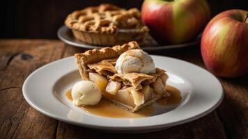 A slice of apple pie with ice cream and caramel sauce, served on a plate, with whole apples nearby. photo