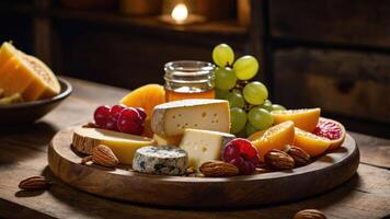 A wooden platter featuring assorted cheeses, fruits, and nuts, ideal for a charcuterie display. photo