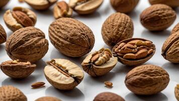 A close-up of various nuts, showcasing their textures and forms on a light background. photo