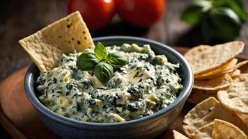 Creamy spinach dip served with chips, garnished with basil and tomatoes in the background. photo