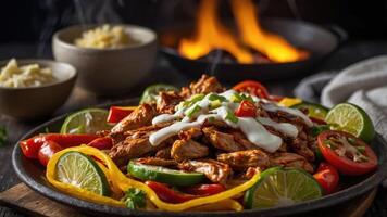 A delicious platter of grilled chicken with vegetables and sauce, served with lime. photo