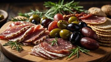 A wooden platter featuring assorted meats, olives, crackers, and herbs for a charcuterie display. photo