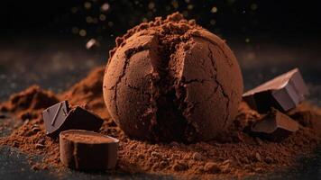 A cocoa ball surrounded by chocolate pieces and cocoa powder, emphasizing indulgent desserts. photo