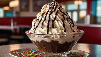 A delicious ice cream sundae topped with whipped cream, chocolate drizzle, and colorful sprinkles. photo