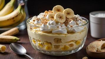 A delicious banana pudding trifle with layers of bananas, cream, and cookies. photo