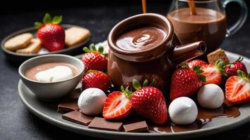 A delightful spread of chocolate fondue with strawberries, marshmallows, and cookies. photo