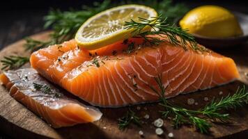 Fresh salmon fillet garnished with lemon slices and herbs on a wooden board. photo