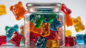 A jar filled with colorful gummy bears, surrounded by scattered candies. photo