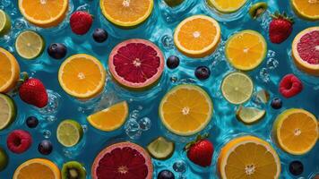 A vibrant arrangement of citrus fruits and berries floating in water, creating a refreshing scene. photo