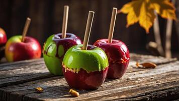 Three caramel-coated apples on sticks, set on a rustic wooden table with autumn leaves. photo