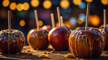 A close-up of caramel and sesame-coated apples on sticks, set against a blurred festive background. photo