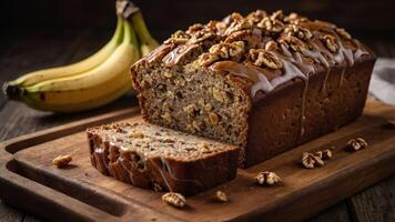 A loaf of banana bread topped with nuts and glaze, sliced on a wooden board with bananas. photo