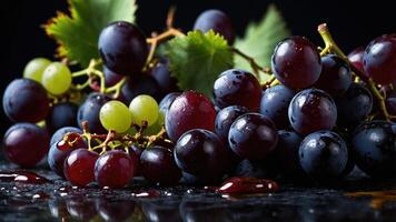 A close-up of fresh grapes with water droplets on a dark surface. photo