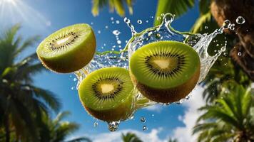 Sliced kiwi fruits splashing in water with palm trees in the background. photo