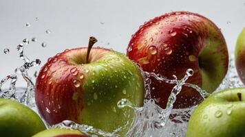 Fresh apples splashing in water, showcasing vibrant colors and droplets. photo
