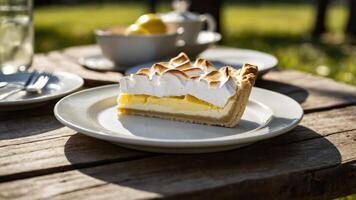A slice of lemon meringue pie on a plate in a sunny outdoor setting. photo