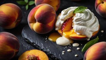 A vibrant display of peaches with cream and syrup, emphasizing freshness and indulgence. photo