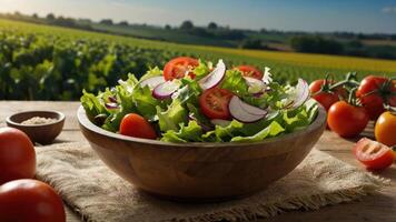 A vibrant salad in a wooden bowl, set against a scenic farm backdrop. photo