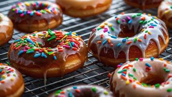 A variety of colorful doughnuts with sprinkles on a cooling rack. photo
