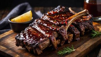 A beautifully glazed rack of ribs served with a slice of lemon and barbecue sauce. photo